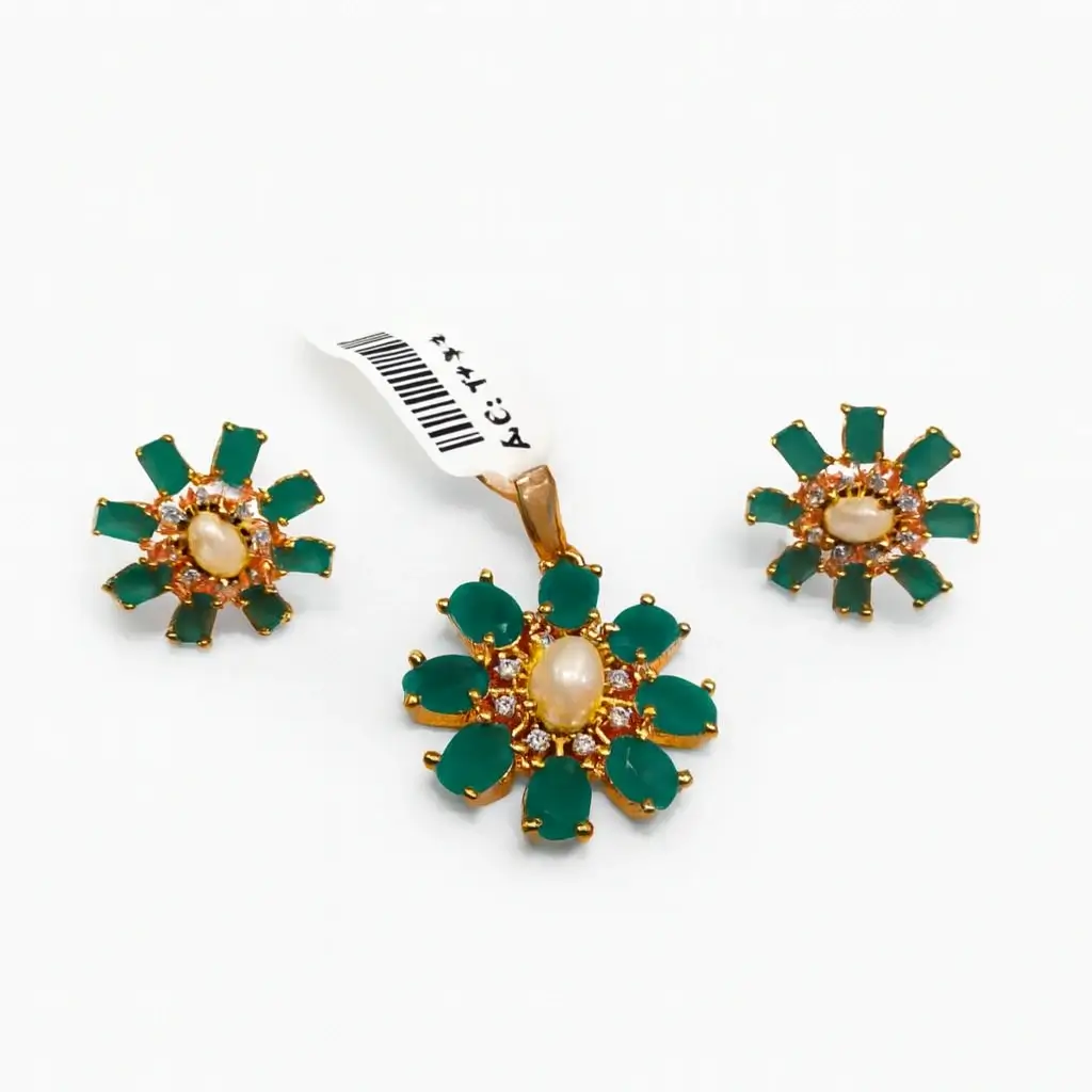 Elegant Gold-Plated Green Stone Floral Pendant & Earrings Set
