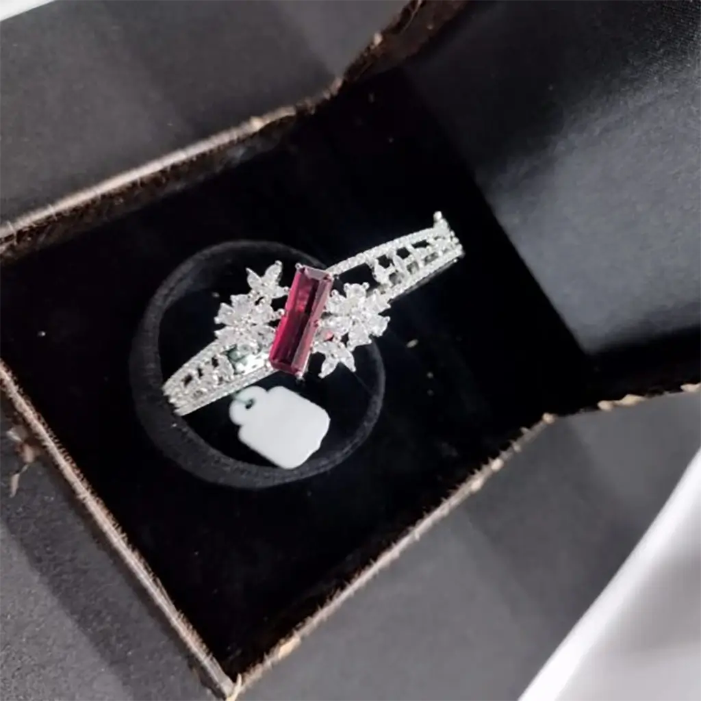 Elegant Ruby Rectangle Stone Bracelet with Diamond-Style Floral Detailing - Image 2