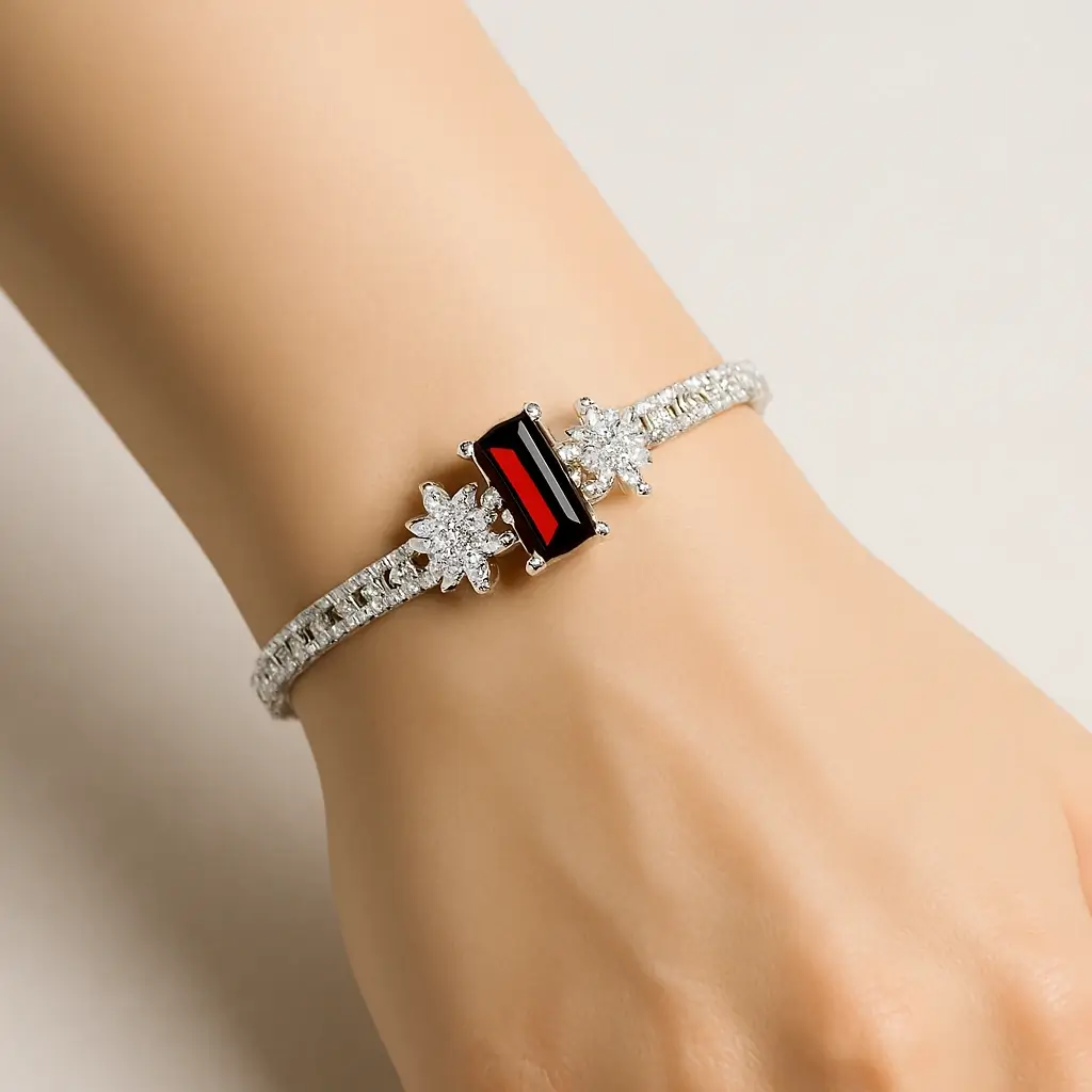 Elegant Ruby Rectangle Stone Bracelet with Diamond-Style Floral Detailing - Image 3