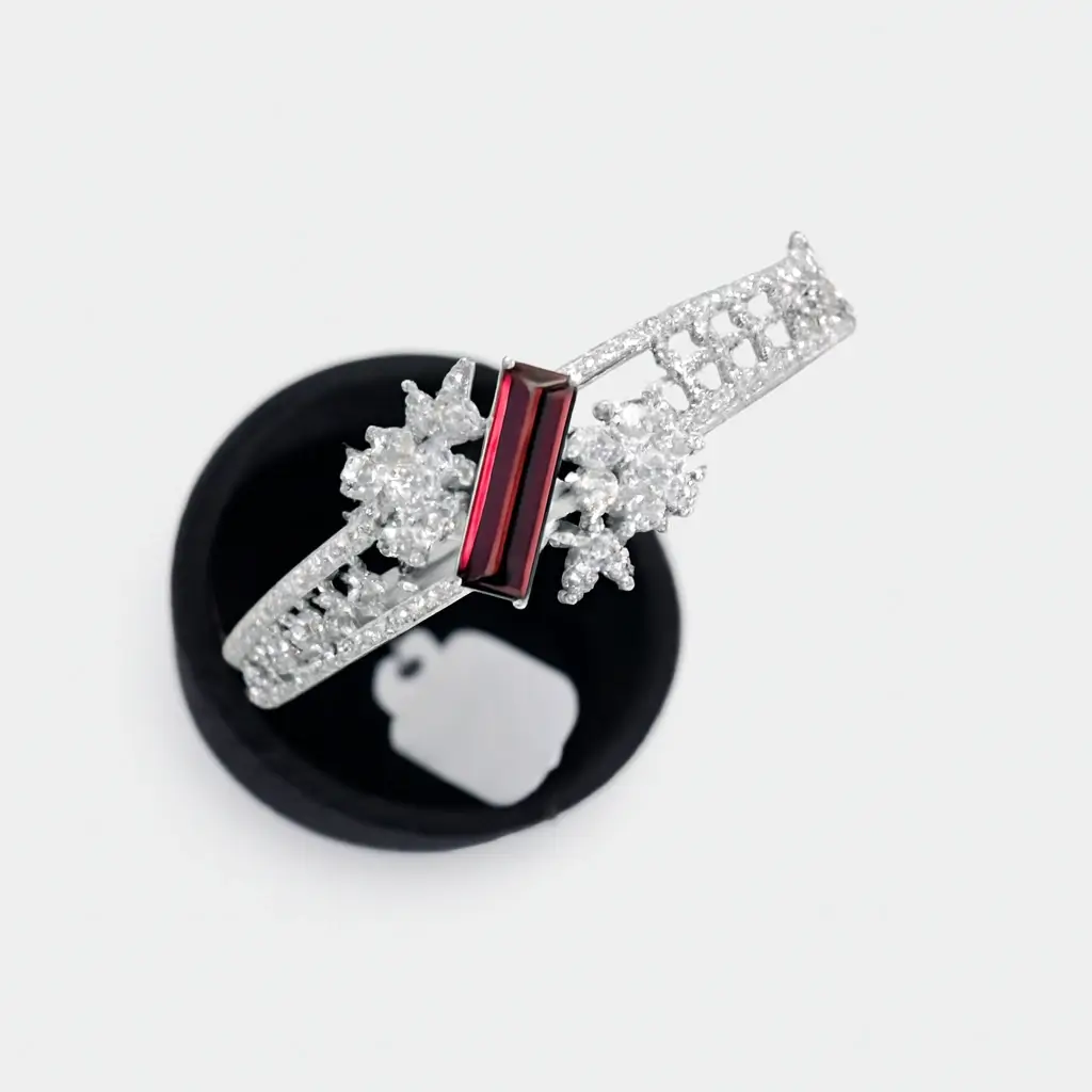 Elegant Ruby Rectangle Stone Bracelet with Diamond-Style Floral Detailing