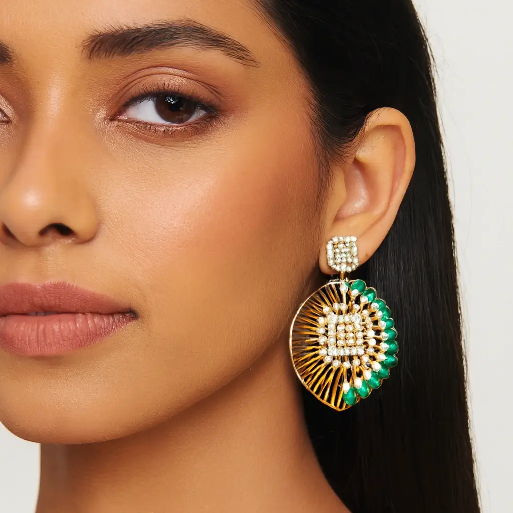 Luxury Emerald Green Stone Fan-Shaped Pendant Set with Matching Earrings - Image 3