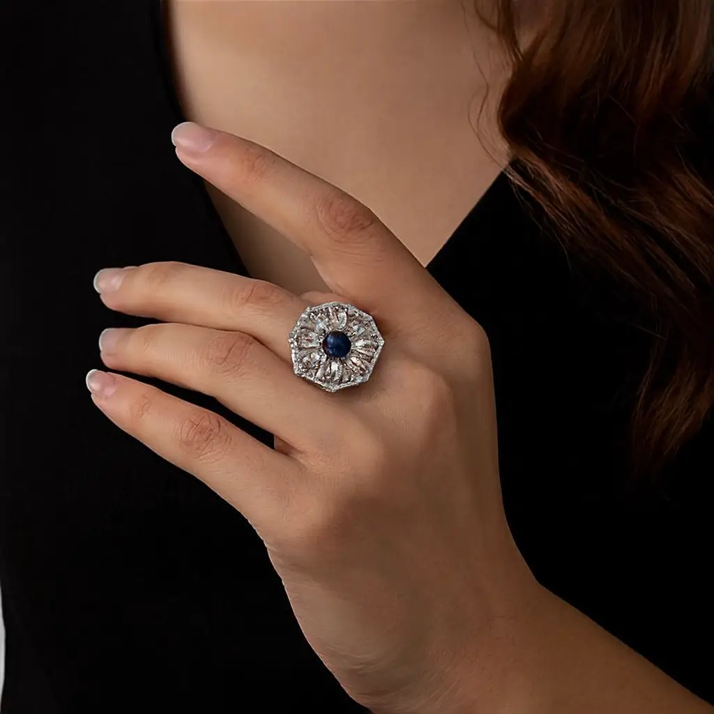 Luxury Floral Square Finger Ring with Royal Blue Center Stone - Image 3