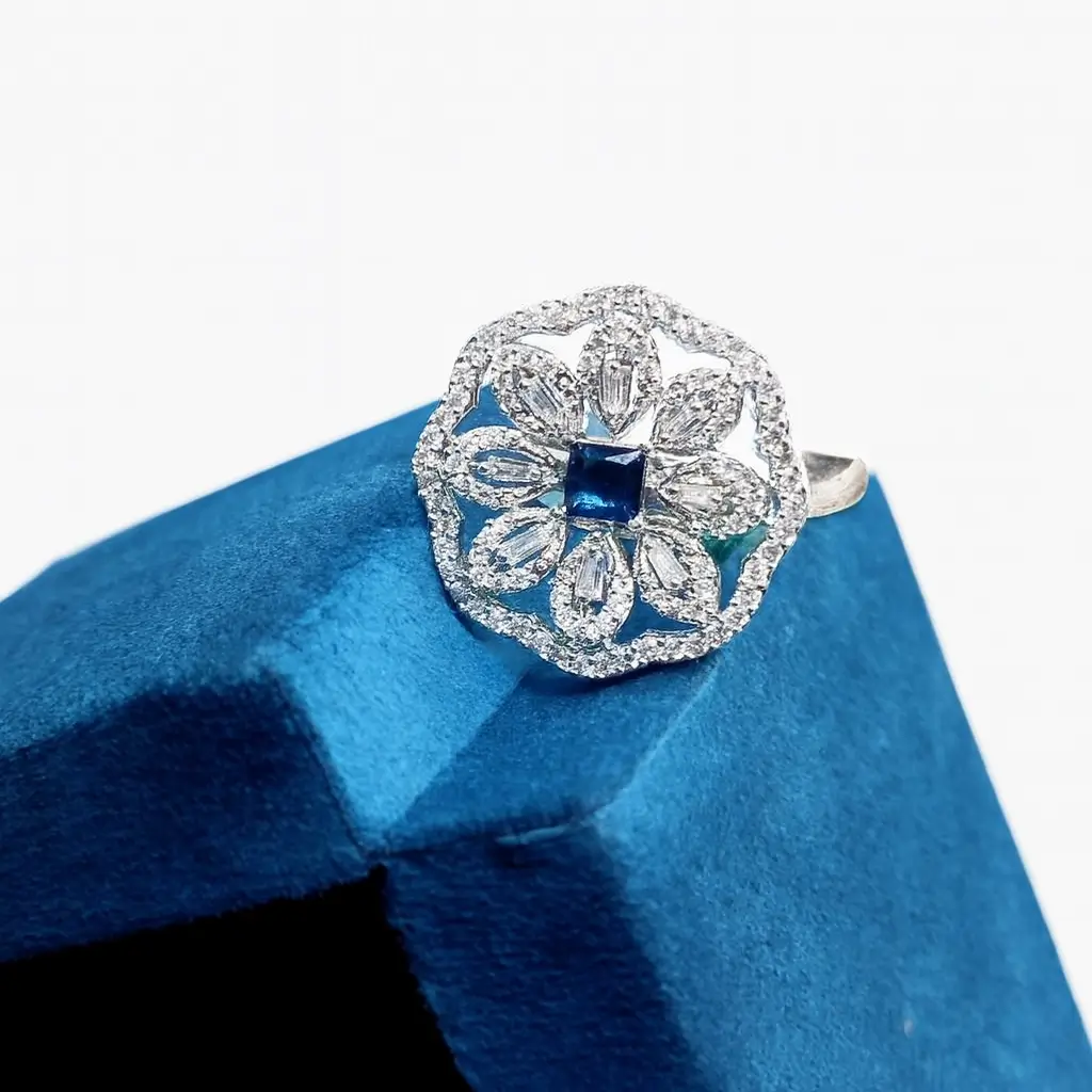 Luxury Floral Square Finger Ring with Royal Blue Center Stone