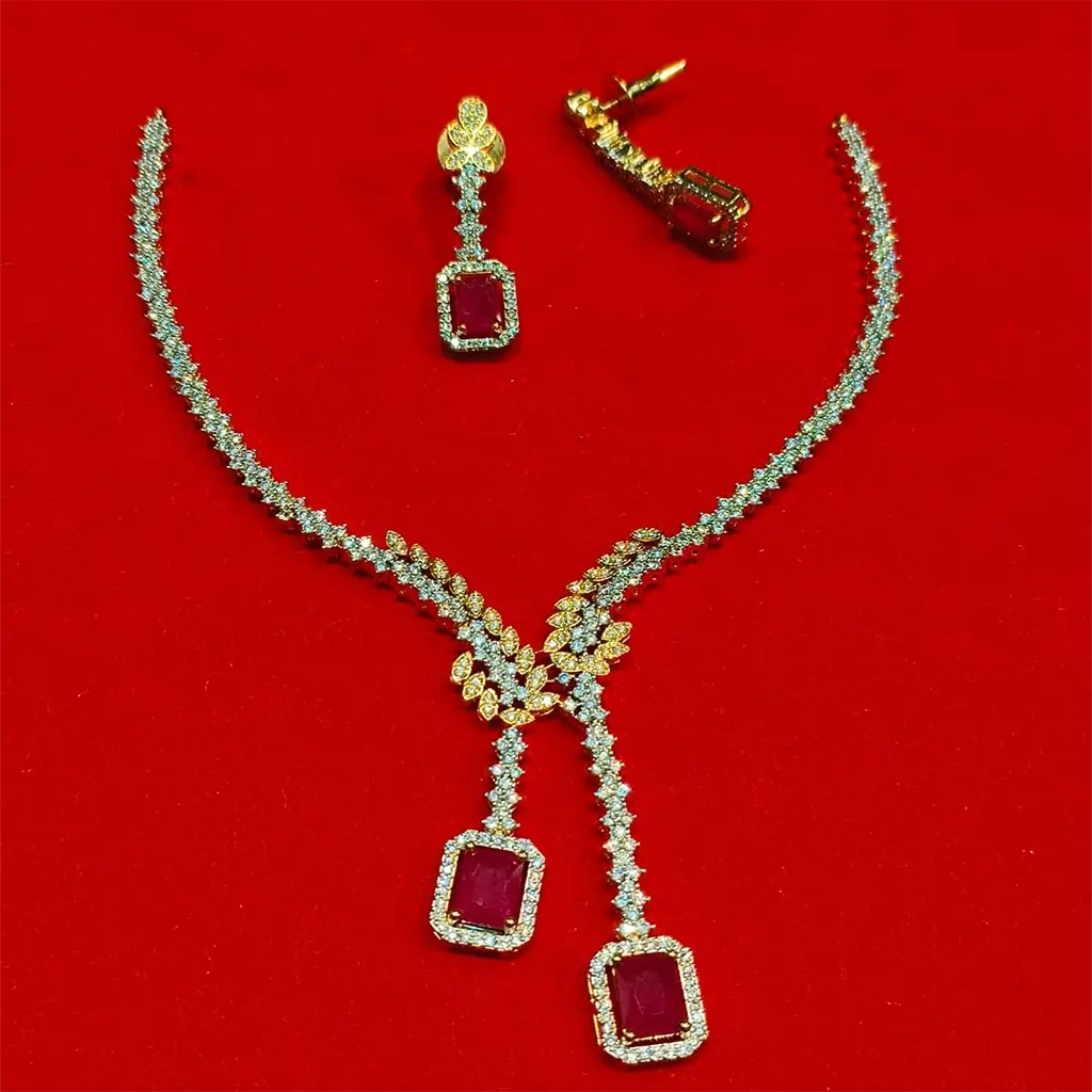 Luxury Gold-Plated Y-Shaped Necklace Set with Ruby-Cut Stones & Earrings - Image 2