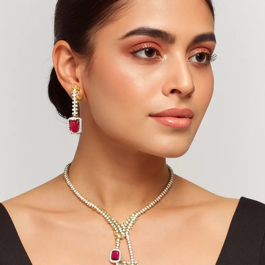 Luxury Gold-Plated Y-Shaped Necklace Set with Ruby-Cut Stones & Earrings - Image 3