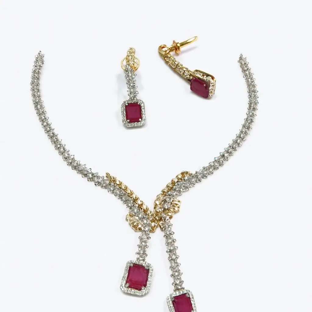 Luxury Gold-Plated Y-Shaped Necklace Set with Ruby-Cut Stones & Earrings