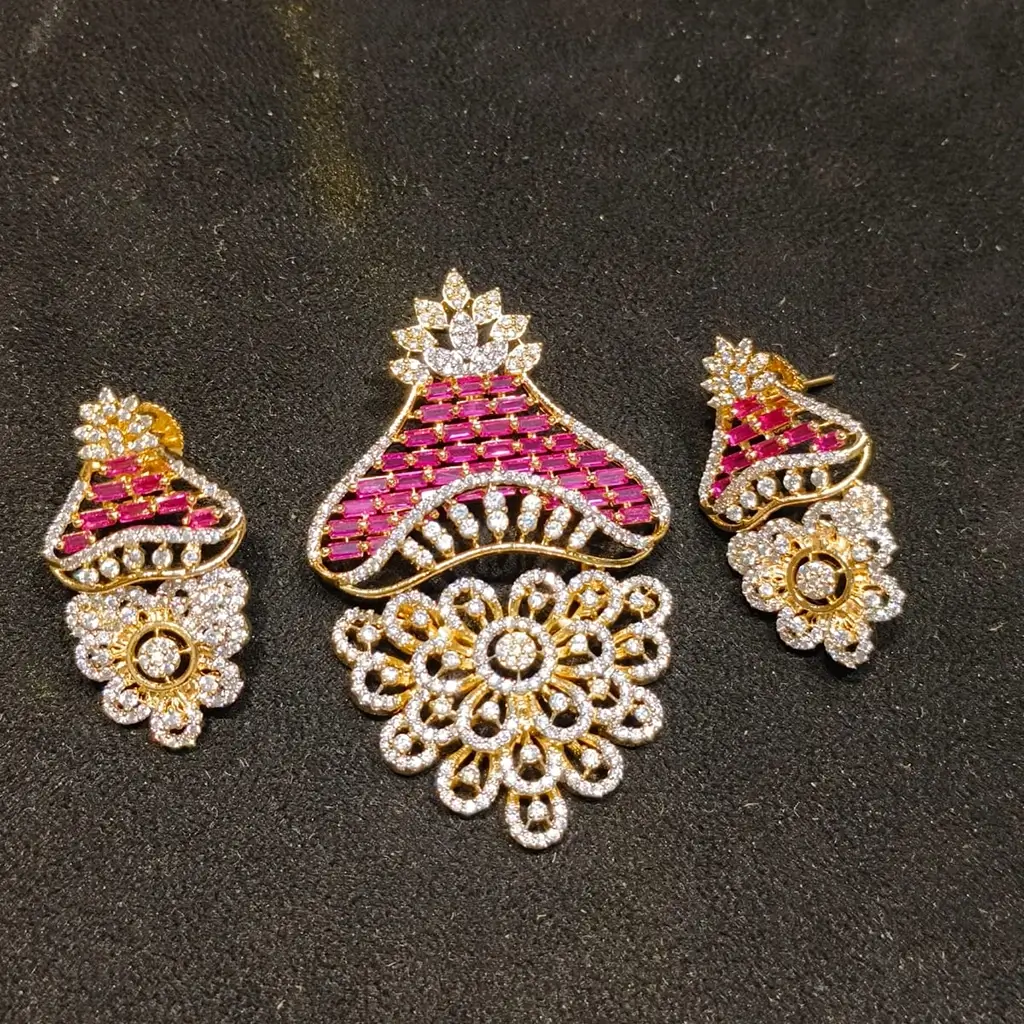 Luxury Ruby Pink Baguette Stone Pendant Set with Matching Earrings - Image 2