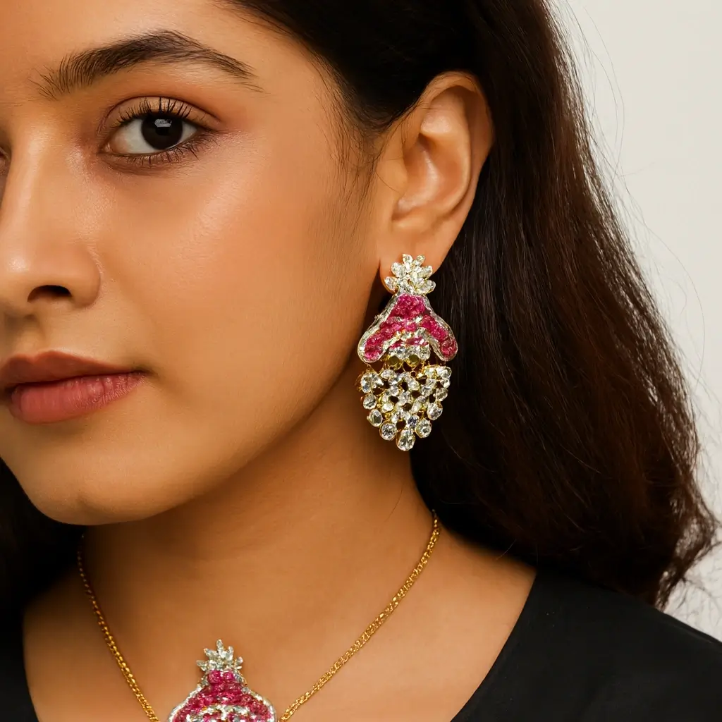 Luxury Ruby Pink Baguette Stone Pendant Set with Matching Earrings - Image 3