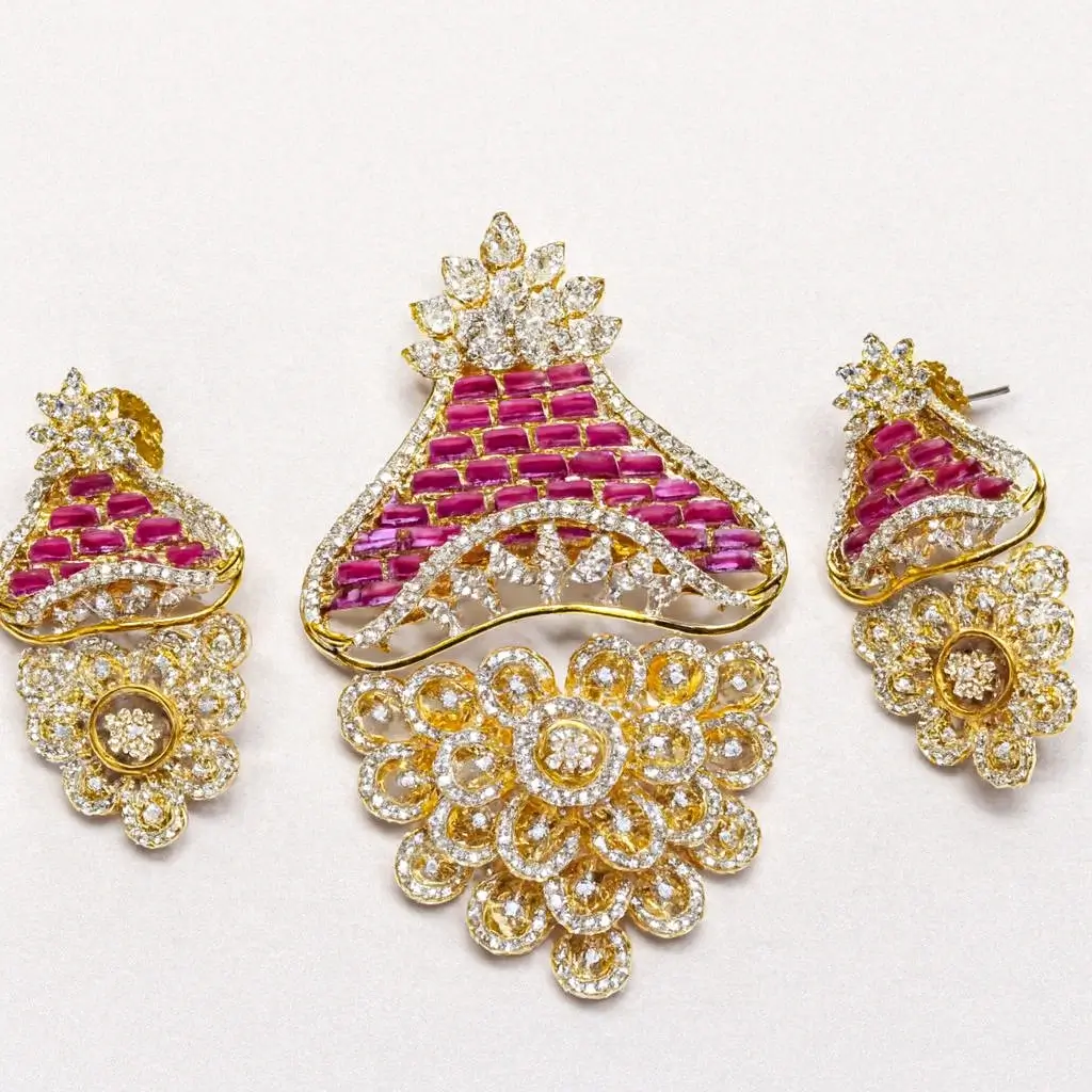 Luxury Ruby Pink Baguette Stone Pendant Set with Matching Earrings