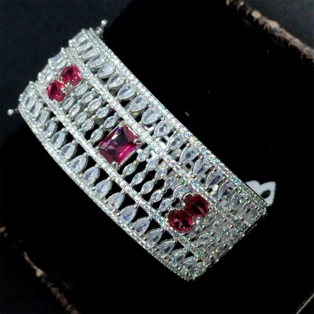 Luxury Silver-Plated Ruby Accent Bracelet with Diamond-Look Detailing - Image 2