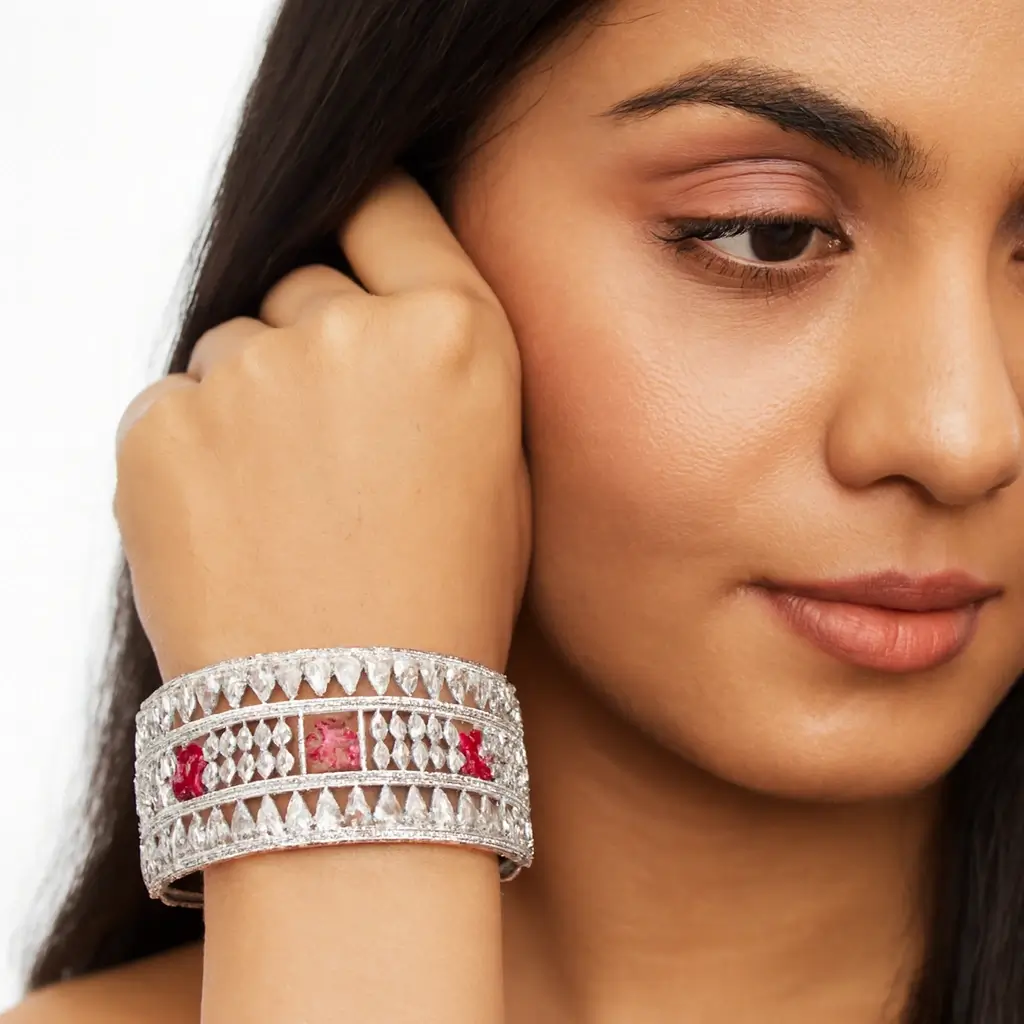 Luxury Silver-Plated Ruby Accent Bracelet with Diamond-Look Detailing - Image 3