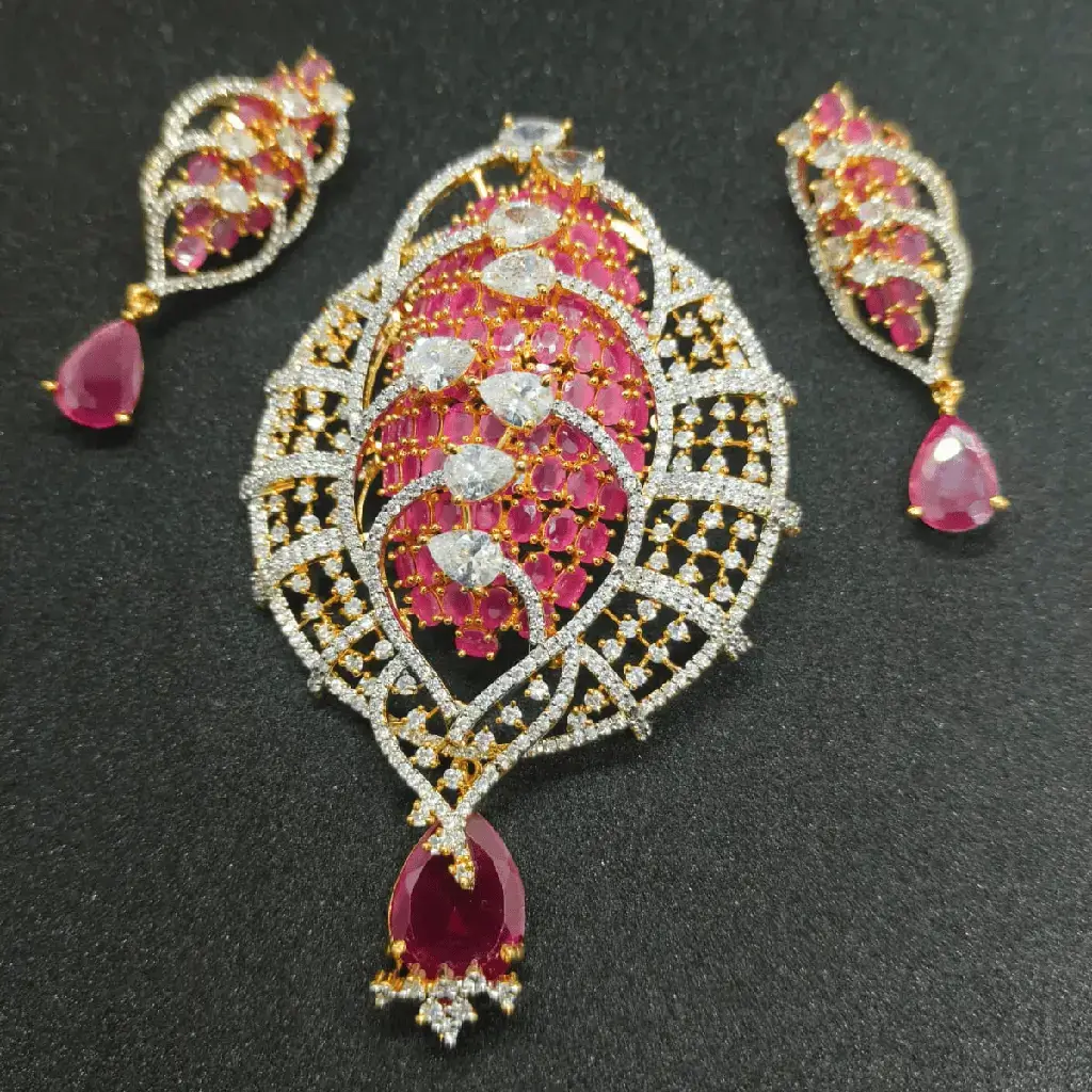 Peacock Design Ruby Pink Pendant Set with Matching Earrings - Image 2