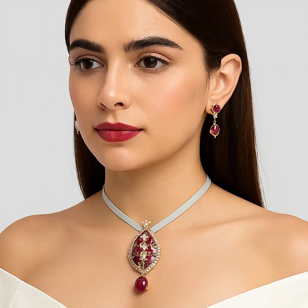 Peacock Design Ruby Pink Pendant Set with Matching Earrings - Image 3