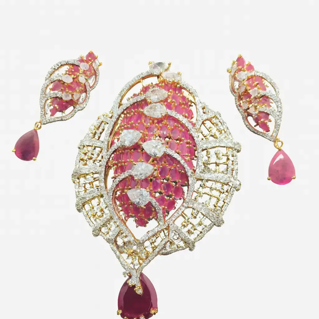 Peacock Design Ruby Pink Pendant Set with Matching Earrings