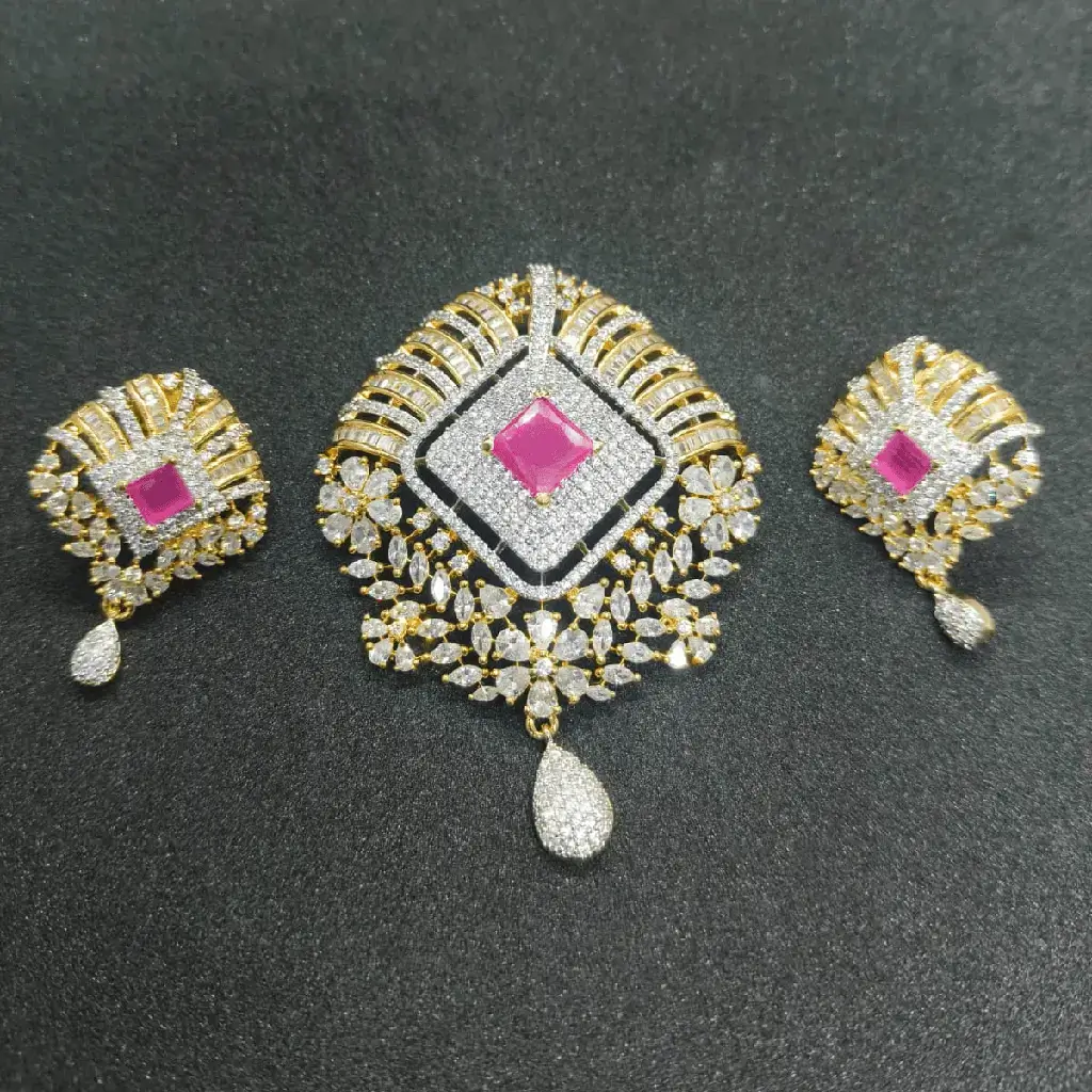 Premium Party Wear Pendant Set with Ruby Pink & Diamond Look - Image 2