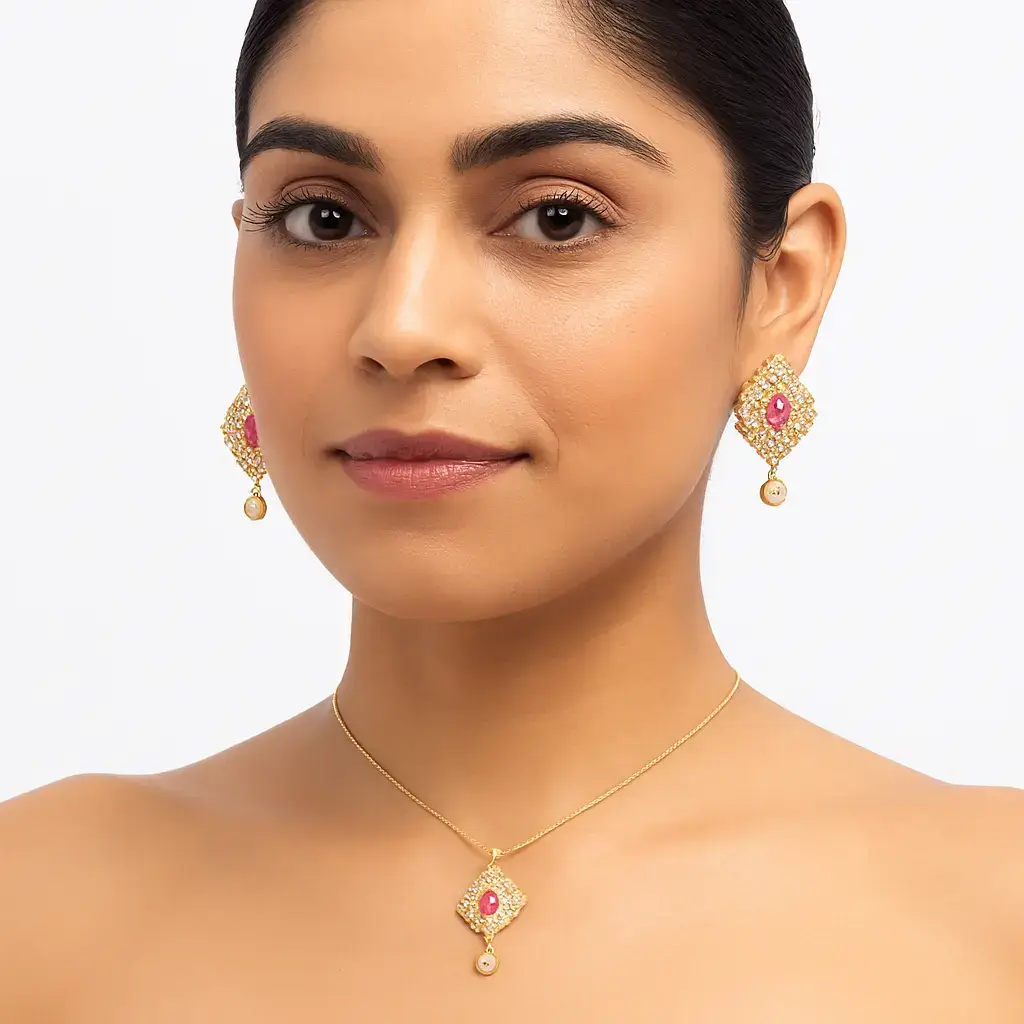 Premium Party Wear Pendant Set with Ruby Pink & Diamond Look - Image 3