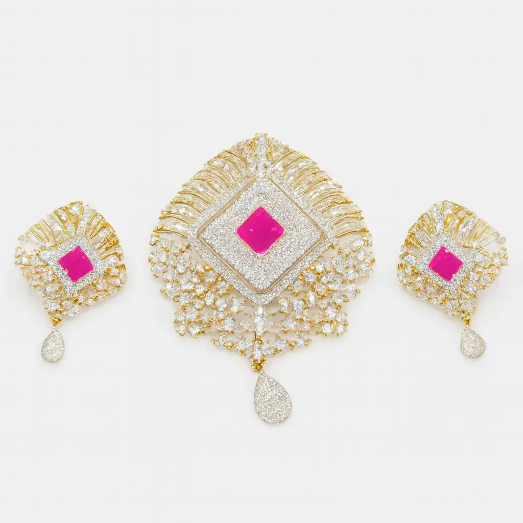 Premium Party Wear Pendant Set with Ruby Pink & Diamond Look