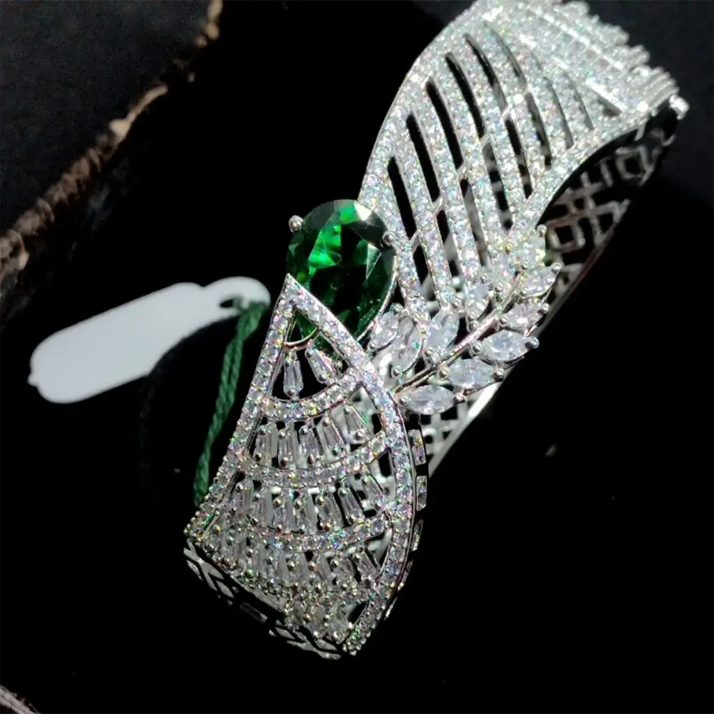 Silver Finish Emerald Green Pear Stone Statement Bracelet with CZ Work - Image 2