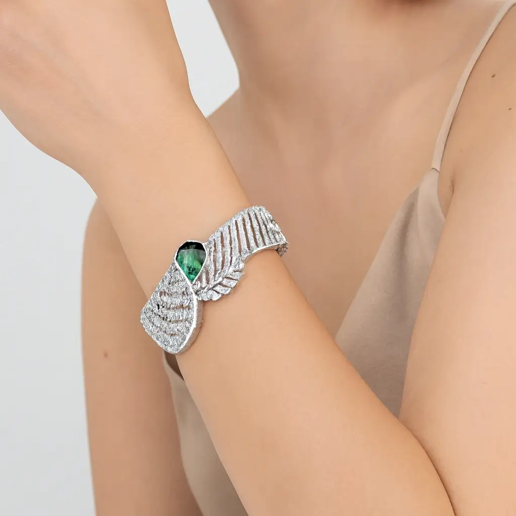 Silver Finish Emerald Green Pear Stone Statement Bracelet with CZ Work - Image 3