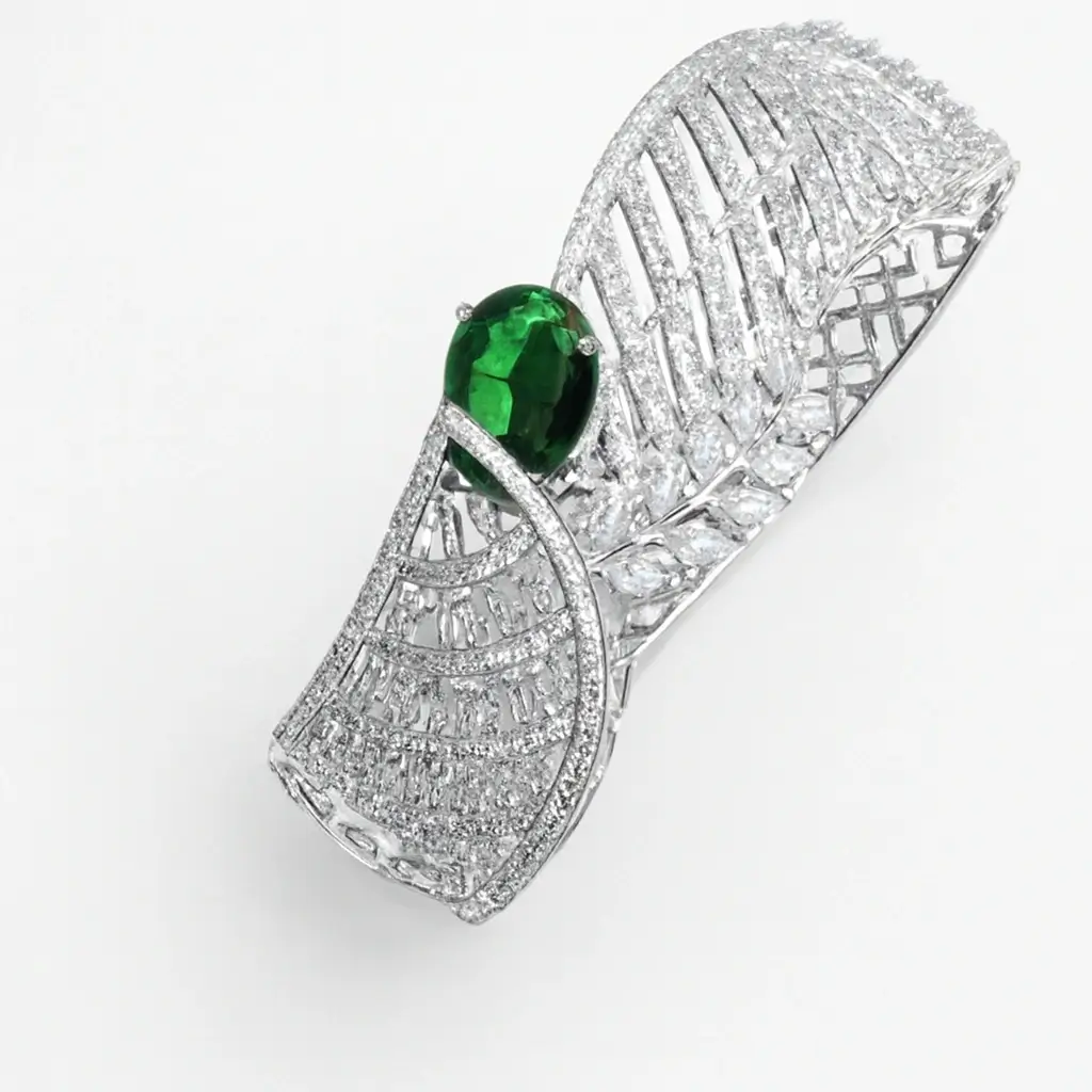 Silver Finish Emerald Green Pear Stone Statement Bracelet with CZ Work