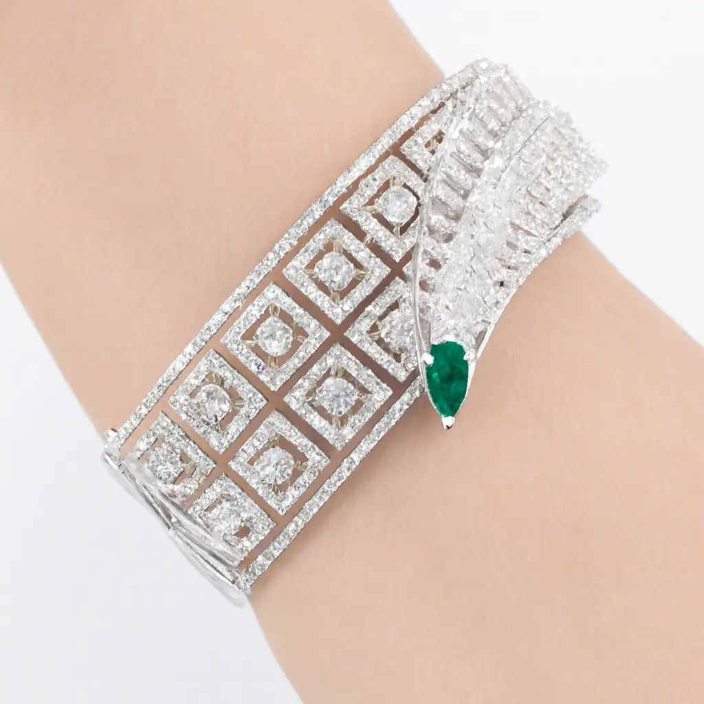 Silver Finish Geometric CZ Cuff Bracelet with Emerald Green Accent - Image 3