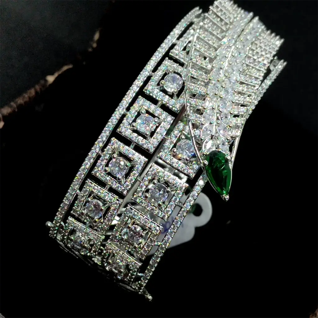 Silver Finish Geometric CZ Cuff Bracelet with Emerald Green Accent - Image 2