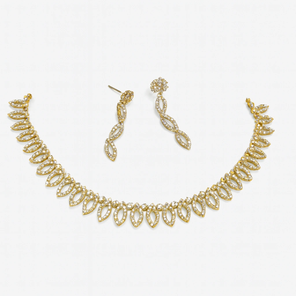 Stylish Festive Wear Gold-Tone Necklace Set with Sparkling Leaf Motifs
