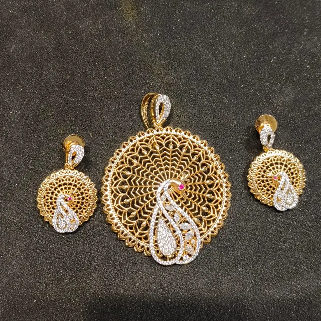 Traditional Peacock Design Gold Plated Pendant Set with Earrings - Image 2