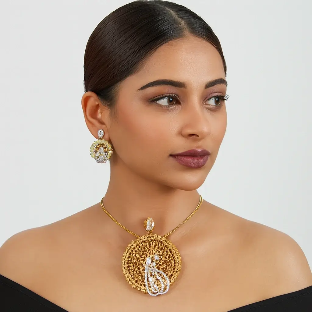 Traditional Peacock Design Gold Plated Pendant Set with Earrings - Image 3