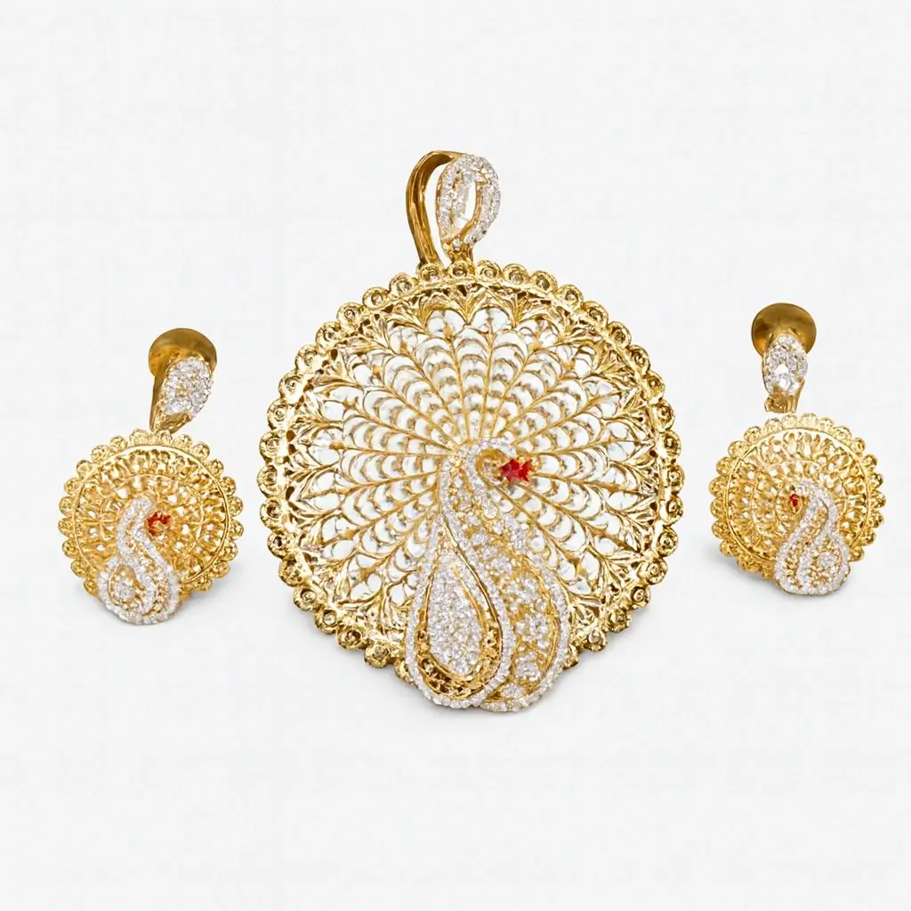 Traditional Peacock Design Gold Plated Pendant Set with Earrings