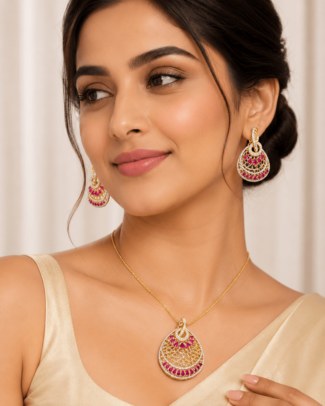Luxury Gold-Plated Pendant Set with Pink Stone Detailing - Image 3