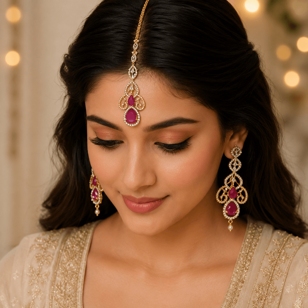Elegant Ruby Pink Stone Maang Tikka for Women - Image 3