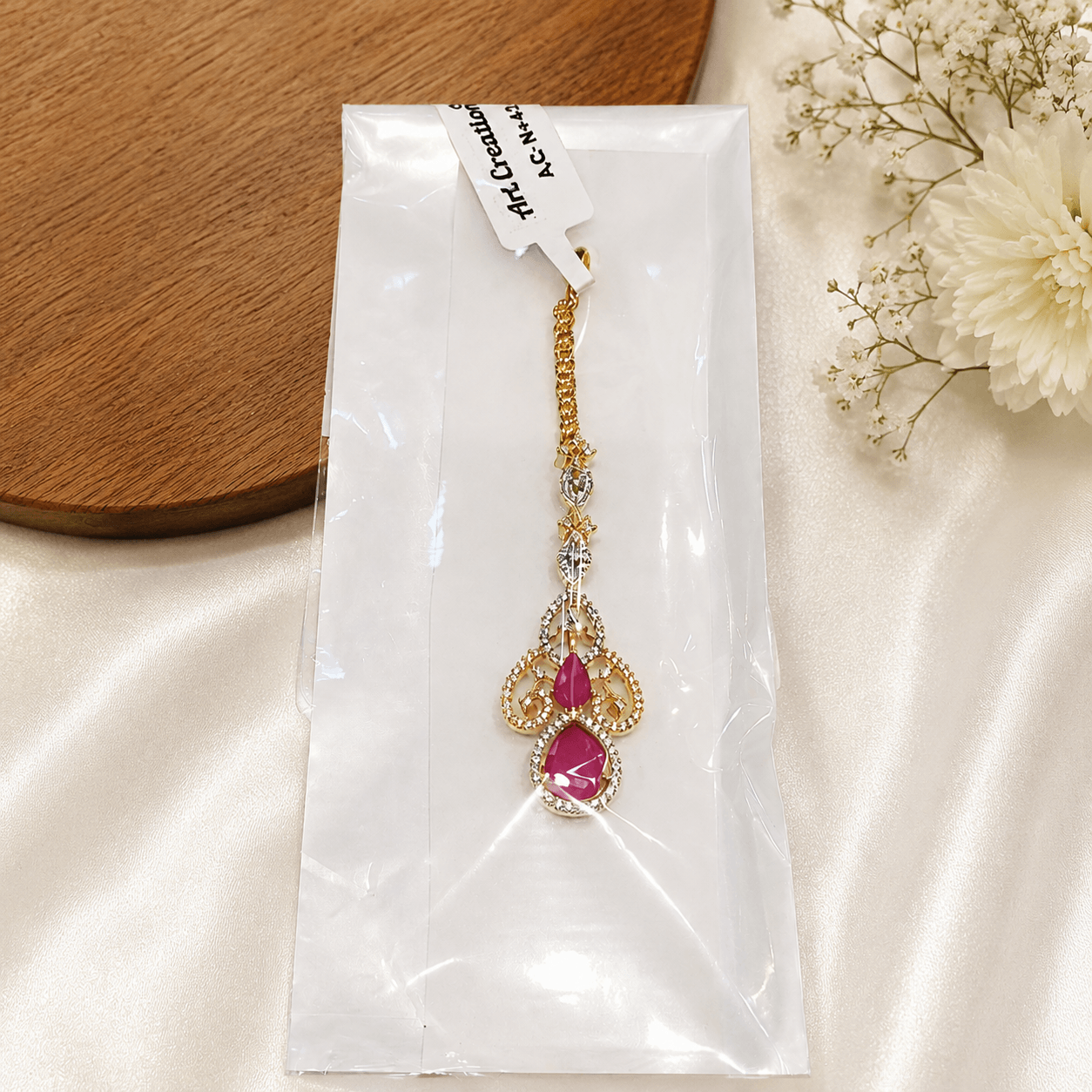 Elegant Ruby Pink Stone Maang Tikka for Women - Image 2