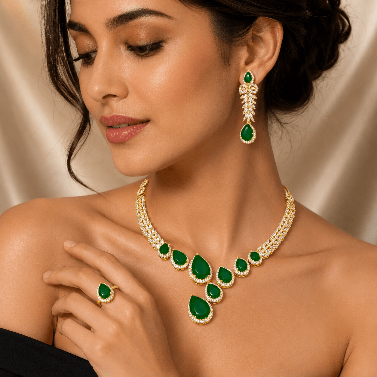 Emerald Green American Diamond Necklace Set for Women - Image 3