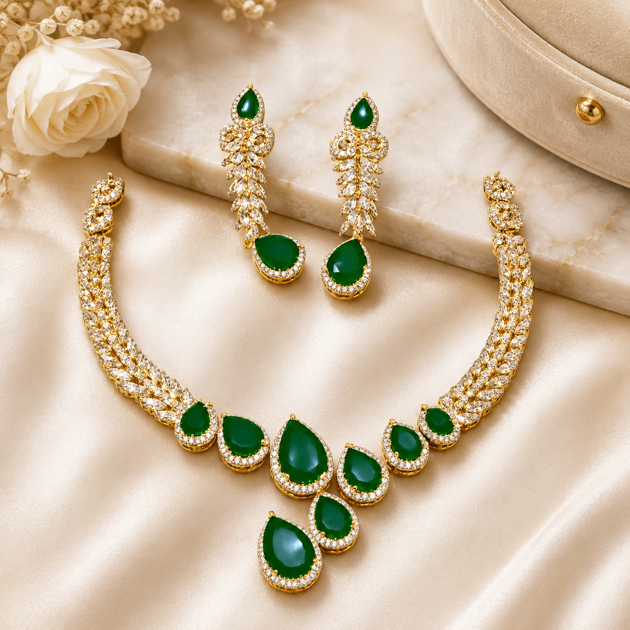 Emerald Green American Diamond Necklace Set for Women - Image 2