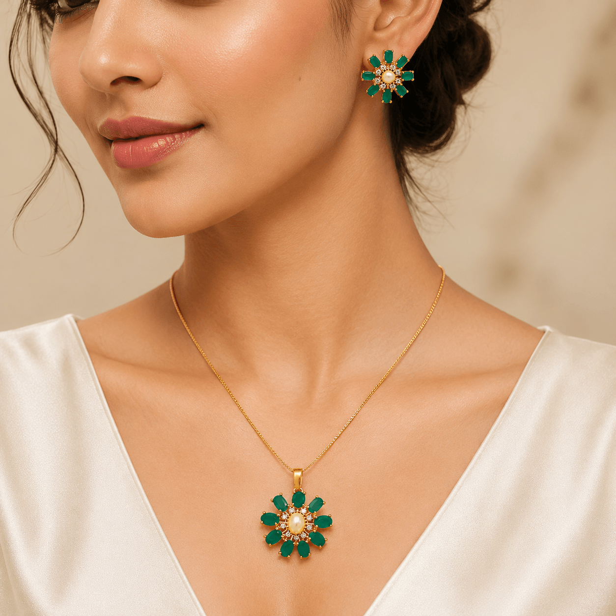 Emerald Green Floral Pendant Necklace Set for Women - Image 3
