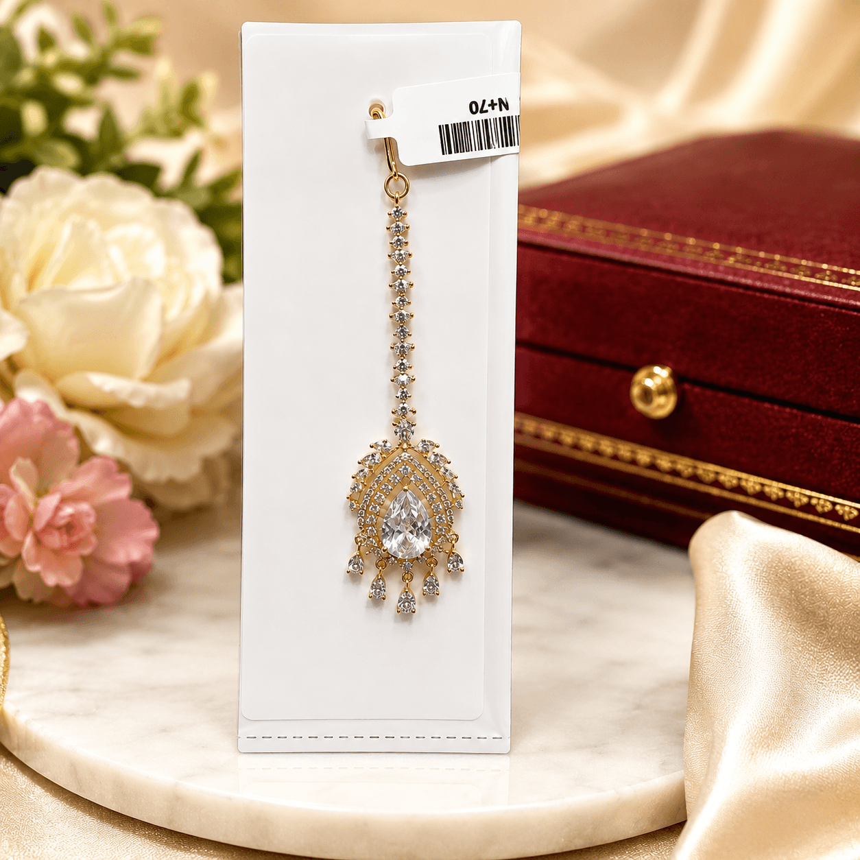 Gold-Plated American Diamond Teardrop Maang Tikka for Women - Image 2