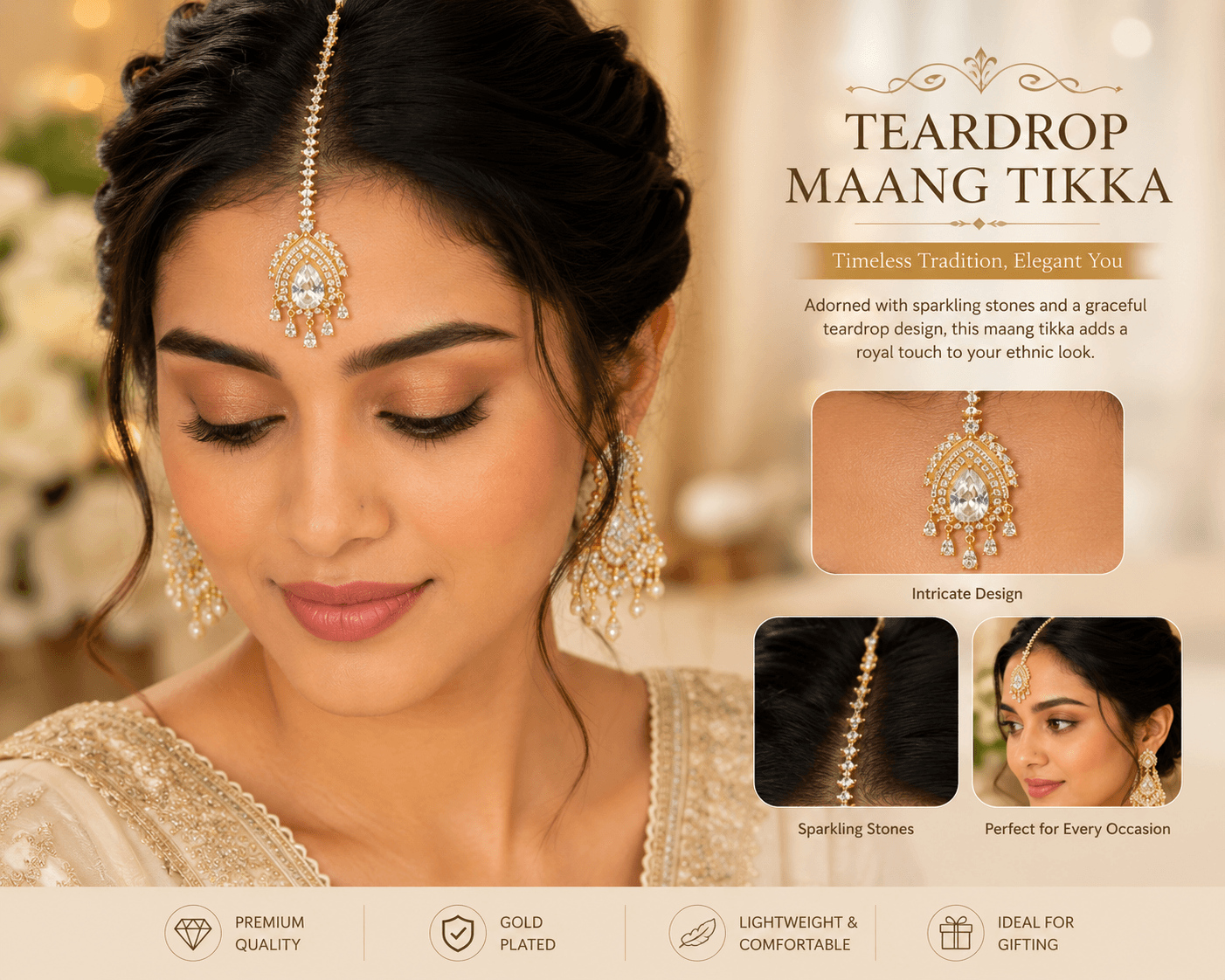 Gold-Plated American Diamond Teardrop Maang Tikka for Women - Image 3