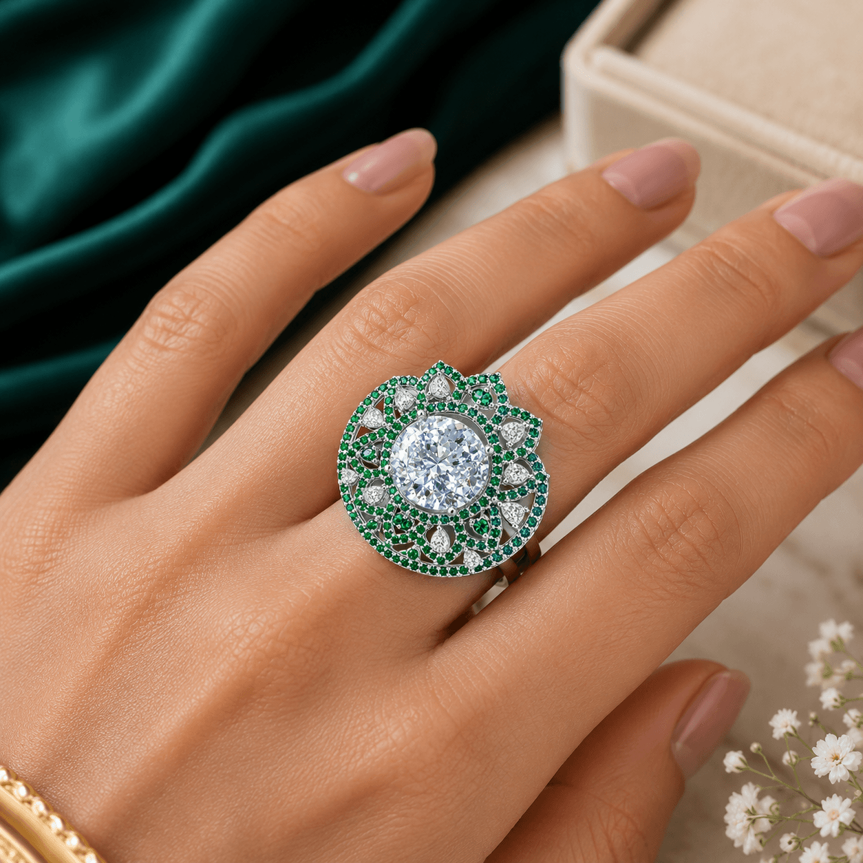 Luxury Emerald Halo Statement Ring for Women - Image 3