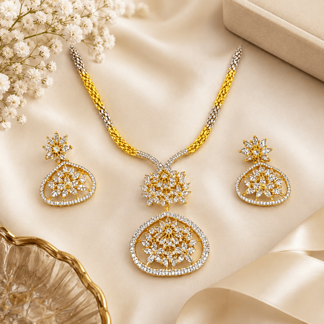 Luxury Gold Plated Floral Necklace Set with Diamond Style Earrings for Women - Image 2
