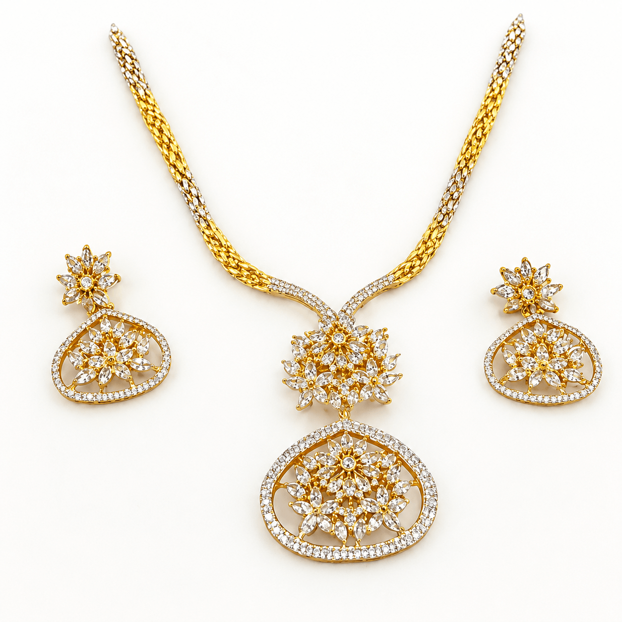 Luxury Gold Plated Floral Necklace Set with Diamond Style Earrings for Women