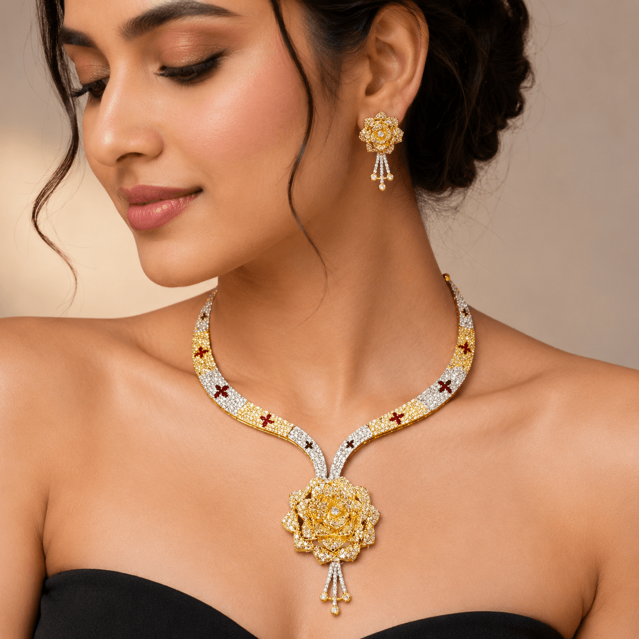 Luxury Gold Plated Floral Necklace Set with Earrings for Wedding & Party Wear - Image 3