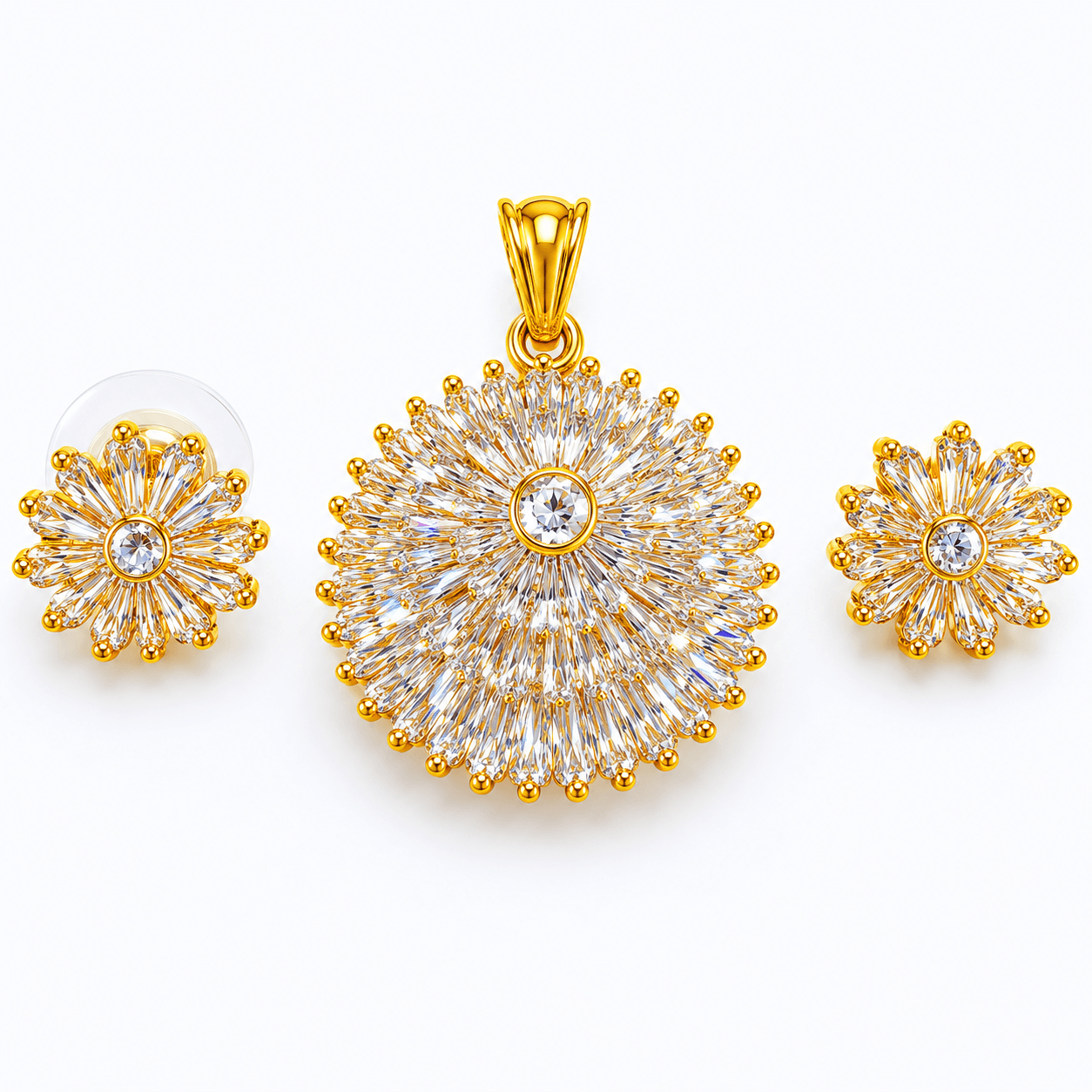 Luxury Gold Plated Floral Pendant Set with Sparkling Stud Earrings for Women