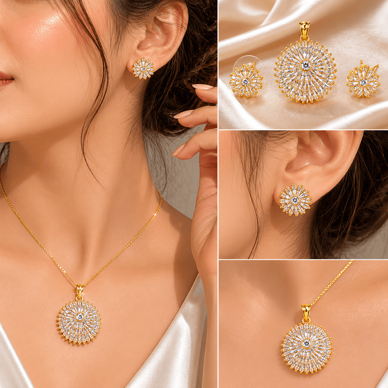 Luxury Gold Plated Floral Pendant Set with Sparkling Stud Earrings for Women - Image 3