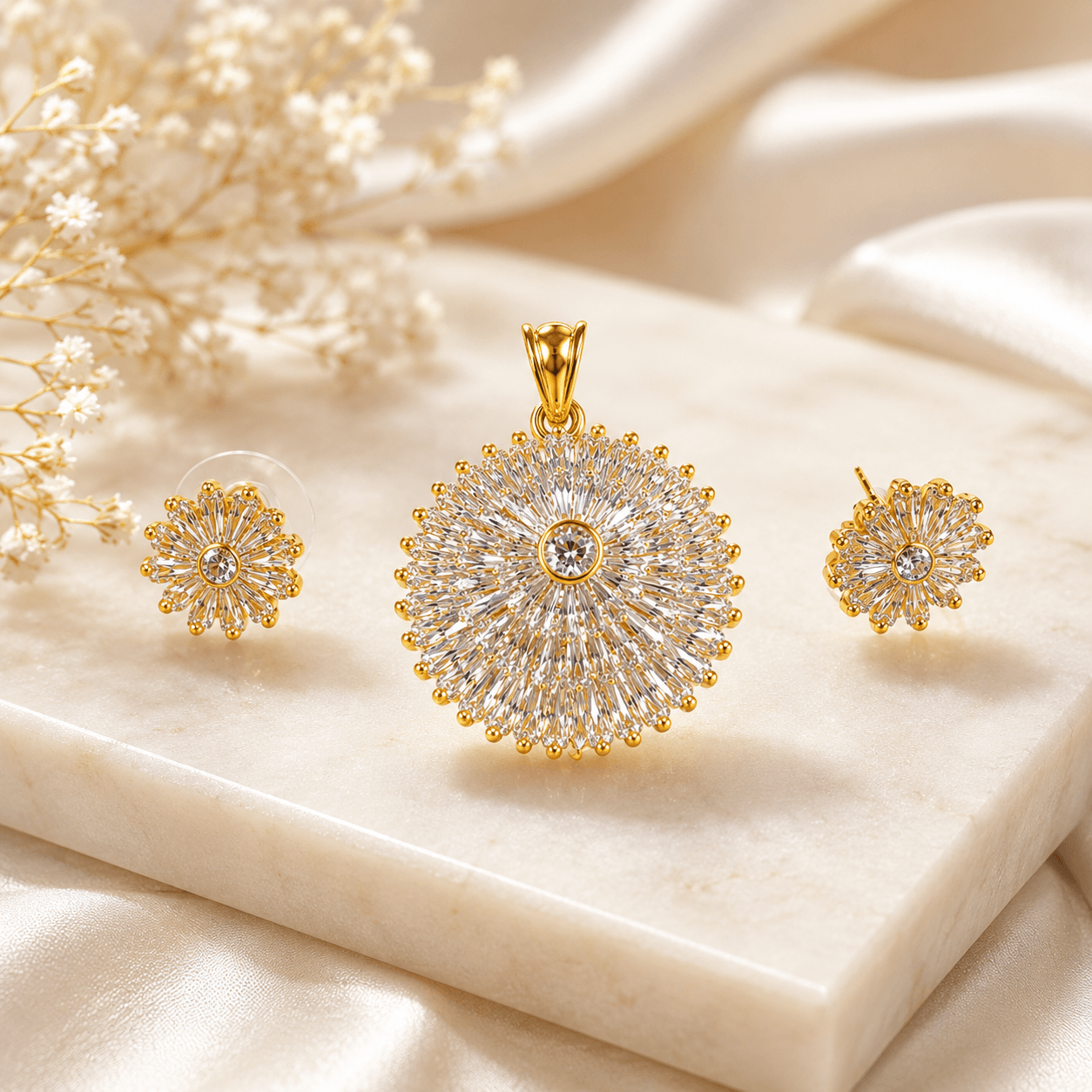Luxury Gold Plated Floral Pendant Set with Sparkling Stud Earrings for Women - Image 2