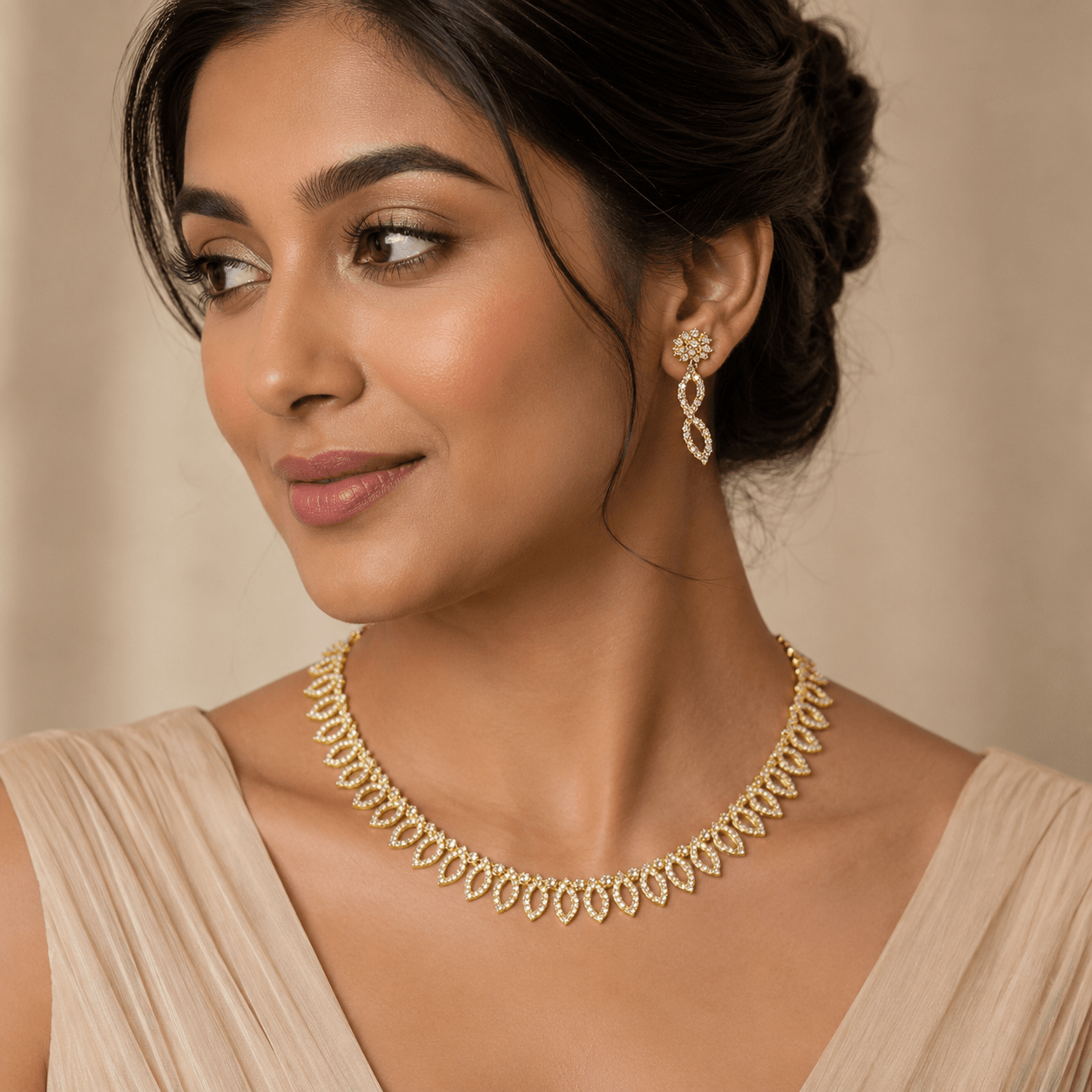 Luxury Gold Plated Necklace Set for Women with Sparkling Leaf Design - Image 3
