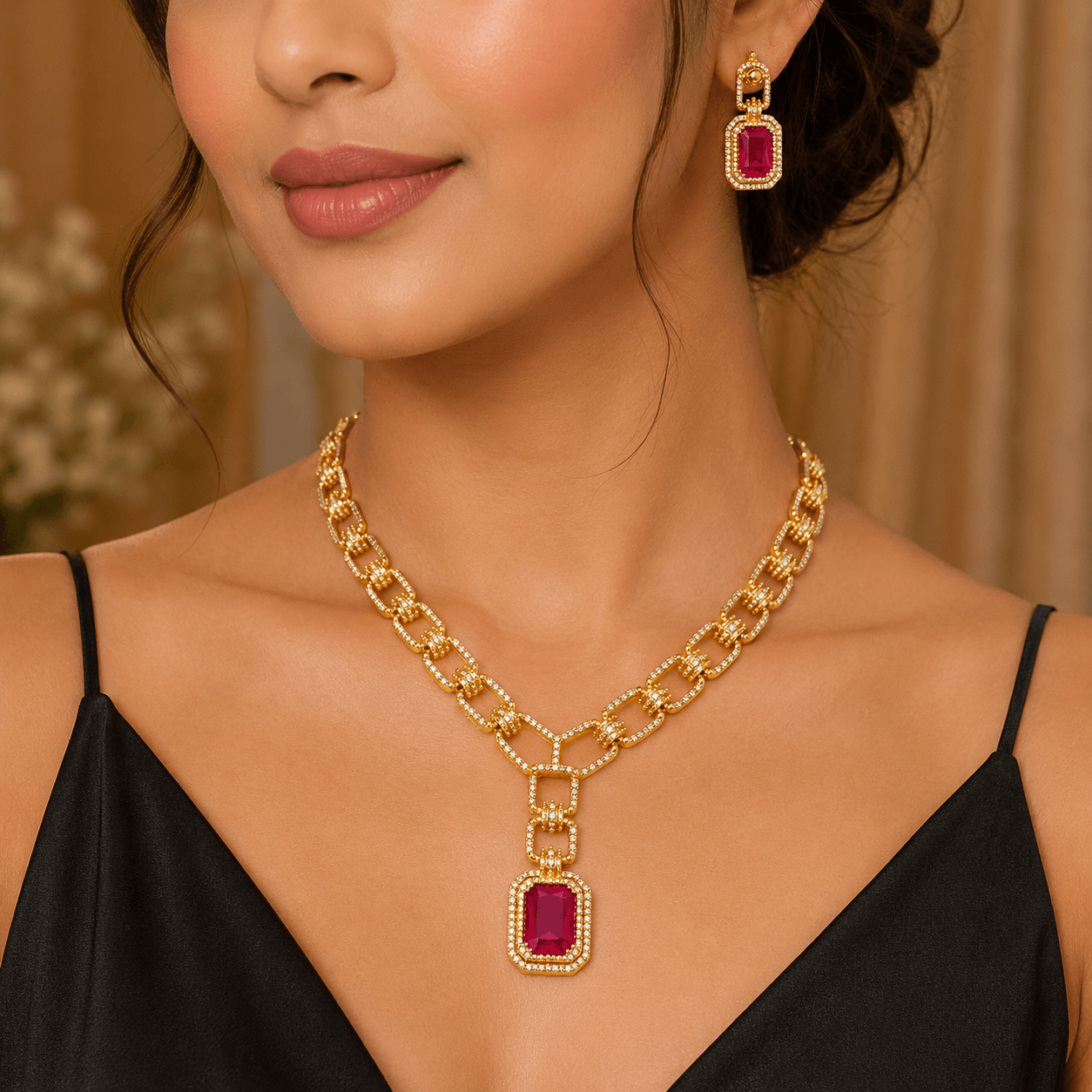 Luxury Ruby Link Necklace & Earrings Set for Women - Image 3