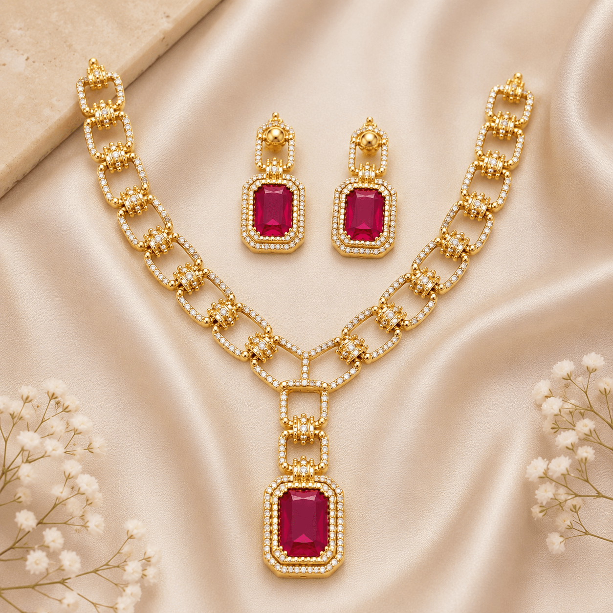 Luxury Ruby Link Necklace & Earrings Set for Women - Image 2