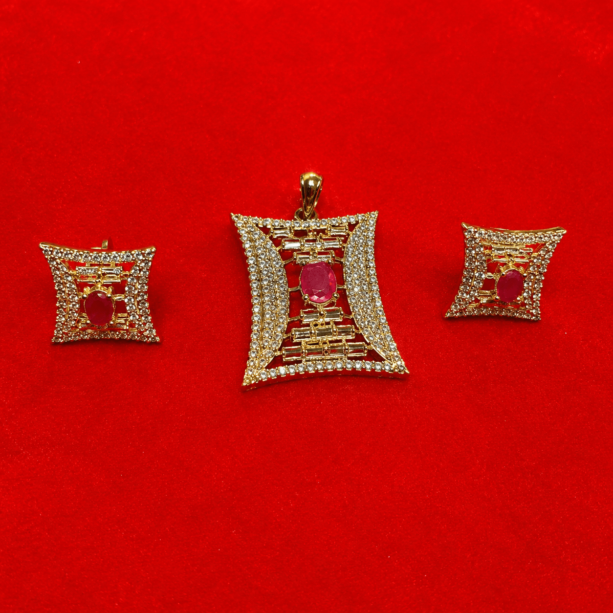 Risha Fine Jewels Ruby Stone Gold-Plated Pendant Set with Earrings for Women