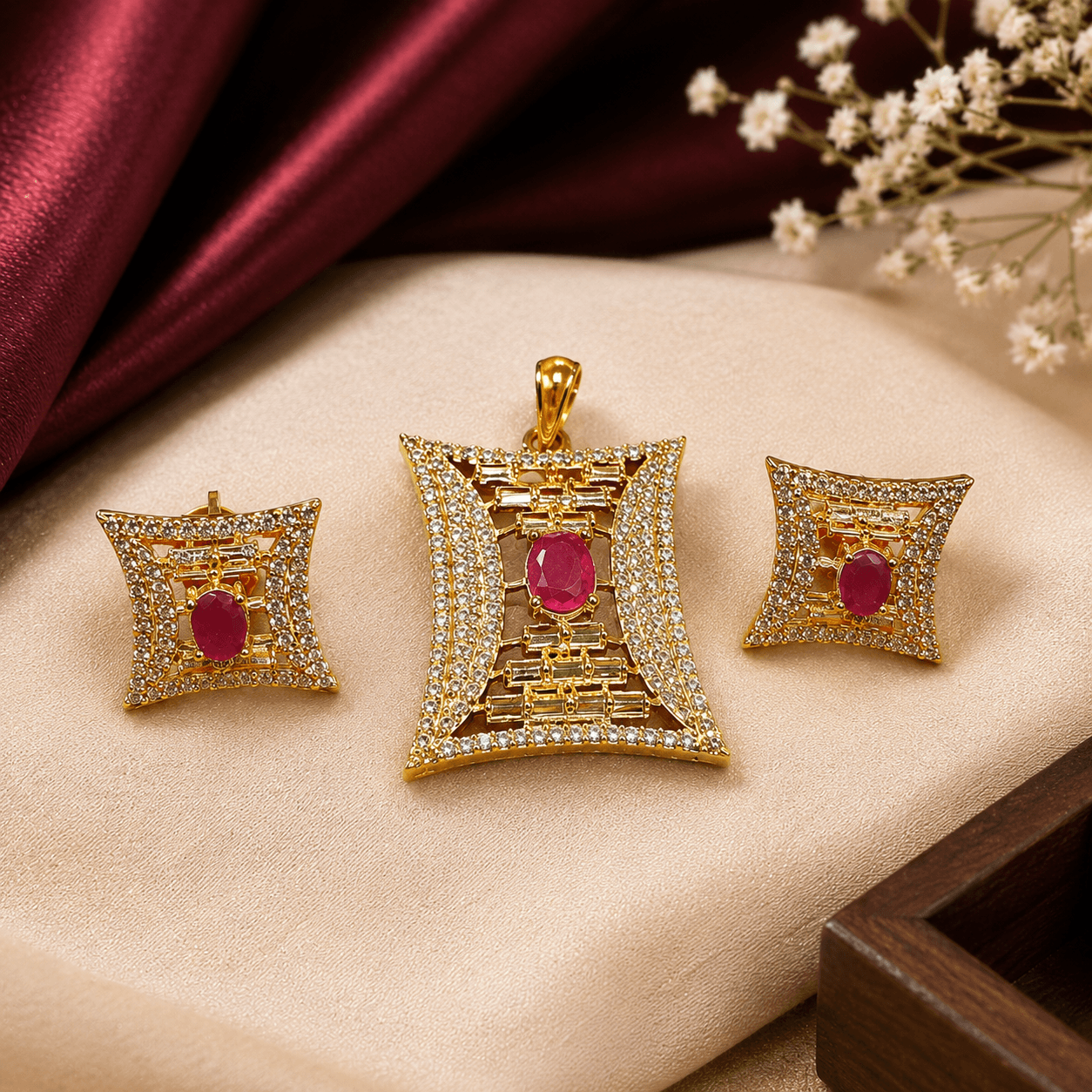 Risha Fine Jewels Ruby Stone Gold-Plated Pendant Set with Earrings for Women - Image 2
